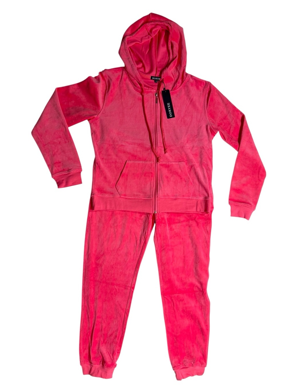 Doryee Pink Velour full zip Hoodie & drawstring Jogger Set juniors size XL NWT